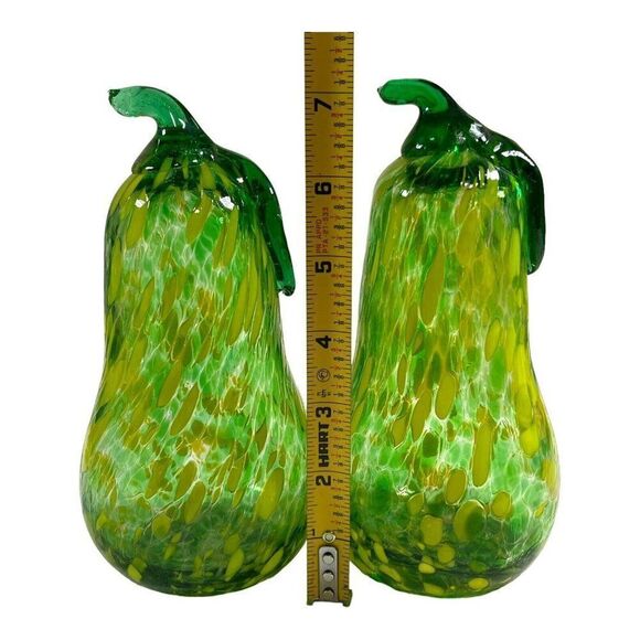 Pair Glass Pears Set Of 2 Hand Blown Mottled Green Yellow Art Glass Fruit 7” - Picture 4 of 4